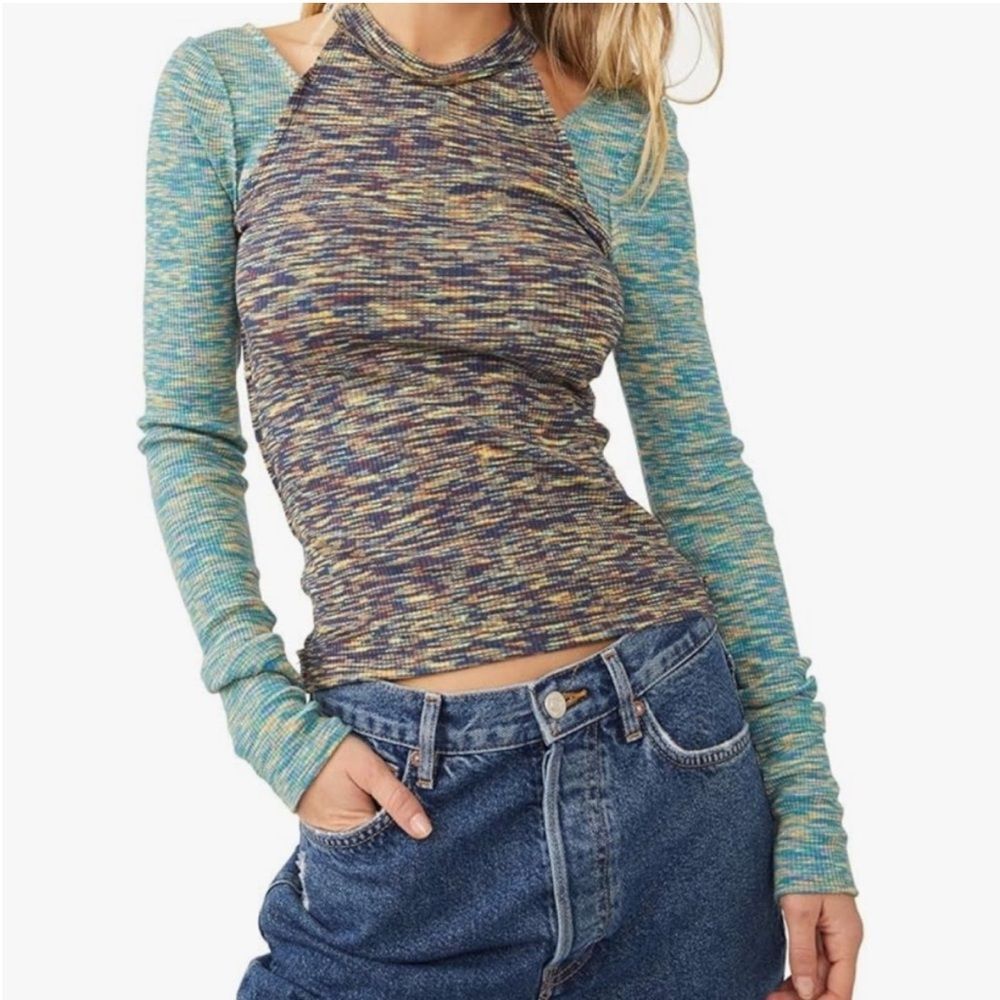 Free People We the Free Out of Control Cold Shoulder Tee Top Long Sleeve Sz XS